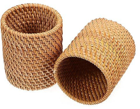 FUNOMOCYA 2Pcs Woven Pencil Holder for Desk Rattan Pen Cups Multi-functional Organizers for Classroom Office Storage Large Capacity Sturdy Construction