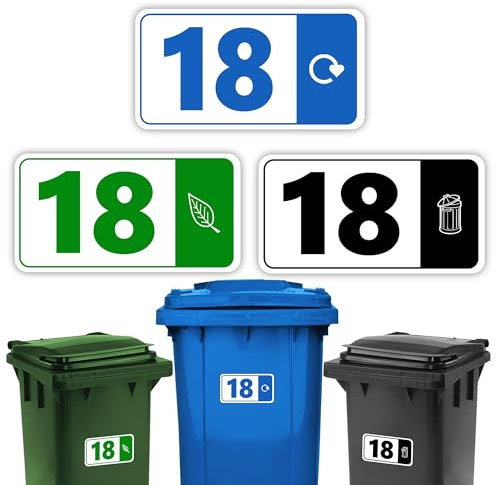 Rubigo 3 x Bin Numbers for Wheelie Bins, 1-99, ‘Waste Icon’ Design, 10x19cm Dustbin Stickers, Easy Application Stick On Number Stickers - Weatherproof Self Adhesive Vinyl – Blue, Black and Green (18)