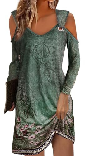 Yeenily Robe Femme Col en V Manches Longues Décontractée Plage Robes Chic et Elegant Été Couleur Unie Mini Longue Tunique Robe (Verte Impression, XL)