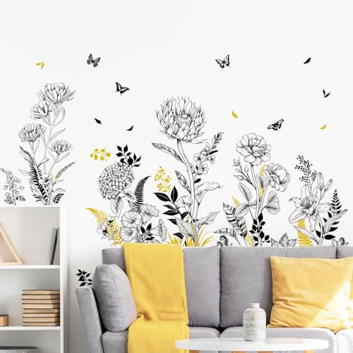 Supzone Wandtattoo Schwarze Blume Pflanzen Wandaufkleber Skizze Tropischer Blumen Wandsticker für Wohnzimmer Schlafzimmer Büro Sofa TV Hintergrund Wanddeko