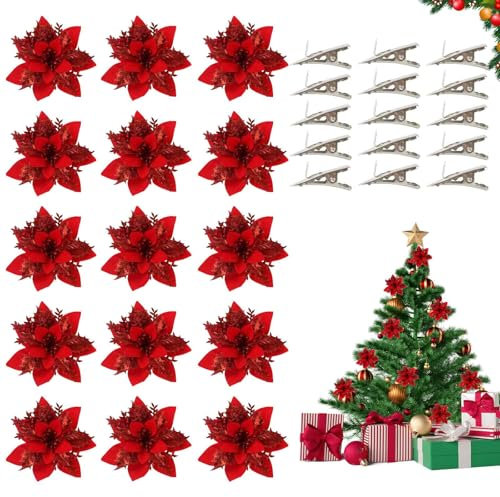 Poinsettia de Brillo Navideño, FainFun 15 Piezas 14 * 14CM Adornos de Flores para Arbol Navidad, Flor de Nochebuena Dorado Plateado Rojo, Flor Navideña para Decoraciones (Rojo)