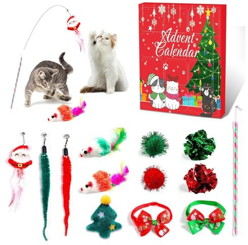 ACAREY Katzen Weihnachts Adventskalender 2024, 24 Katzenspielzeuge, Katzenfeder und Ballglocken, Katzenhalsband, Spielzeugmäuse, Weihnachts Countdown Katze Interaktives Spielzeug (12 Stück)