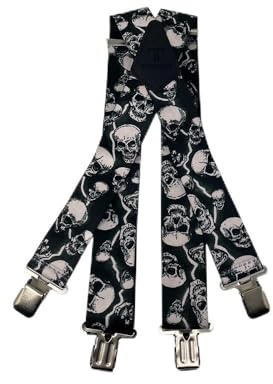 Tomahawk Heavy Duty Braces, Adjustable, Unisex Suspenders, Strong Clasp (Lightning Skulls)