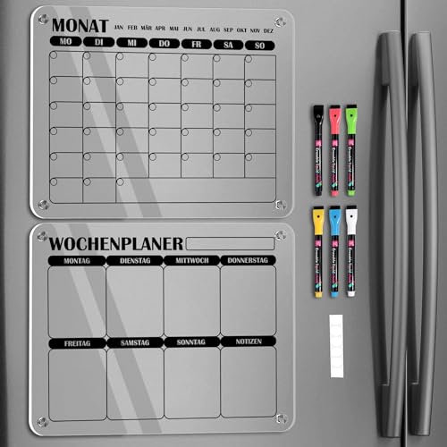 BIROYAL 2pcs Magnetic Monatsplaner und Wochenplaner Abwischbar mit 6 Markers, 40x30 cm Magnettafel Kühlschrank Acrylic, To Do Liste Abwischbar, Planungstafeln, Putzplan, Kühlschrank Kalender
