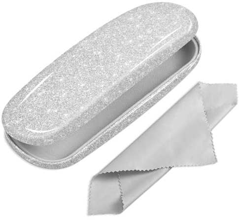 FINTIE Hard Shell Eyeglasses Case, Portable Protective Glasses Cover Eyeglass Holder Box with Cleaning Cloth for Men Women, Glittering Silver, S
