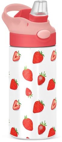 Sevdomey Strawberries Kids Water Bottle for Girls Boys, Stainless Steel Insulated Leakproof Water Bottle 350ml with Straw for School Nursery Travel Sports