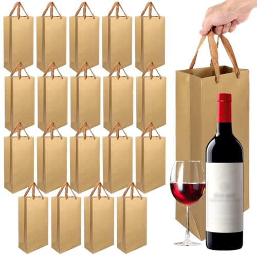 AKOLAFE 20 Stück Flaschen Geschenktüten Kraftpapier 17x9x35cm Flaschentüten Verpackung Weintüte mit Henkel Weintaschen Weinflaschen Tüten für 2 Flasche, Weihnachten, Hochzeit, Fest, Geburtstag (Gold)