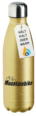 Huuraa Glitzer Trinkflasche Mountain Bike Fahrrad Geschenk | 500ml Gold Edelstahl Wasserflasche Trinkflasche Gold Geschenkidee Glitzer Thermosflasche Isolierflasche Schraubverschluss