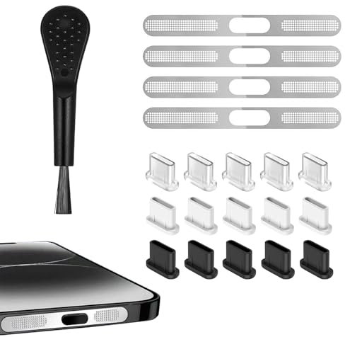 RHQFDM Kit de Tapa Antipolvo Tipo-C,15Pcs Guardapolvo USB para Teléfono Móvil,4Pcs Cubierta Antipolvo para Altavoz de Teléfono Móvil,Compatible con iPhone15/16,Samsung Galaxy,Google Pixel(Plateado)