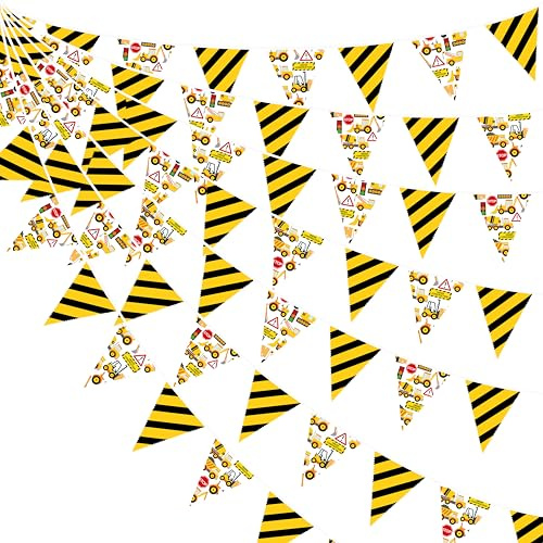 Wimpelkette, Banner, Banner, Banner, dreieckige Flagge, Wimpel, Girlande, Luftschlangen für Kinder, Muldenkipper, Geburtstag, Bagger, Traktor, Babyparty, Dekoration, 90 cm, Gelb / Schwarz
