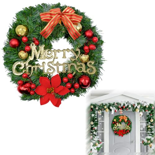 Corona Navideña de 30cm - Corona de Puerta/Adviento, Bolas (Oro), Lazo Rojo, Campanas y Ramas de Pino - Decoración Navideña para Puerta, Pared, Mesa, Ornamento Colgante