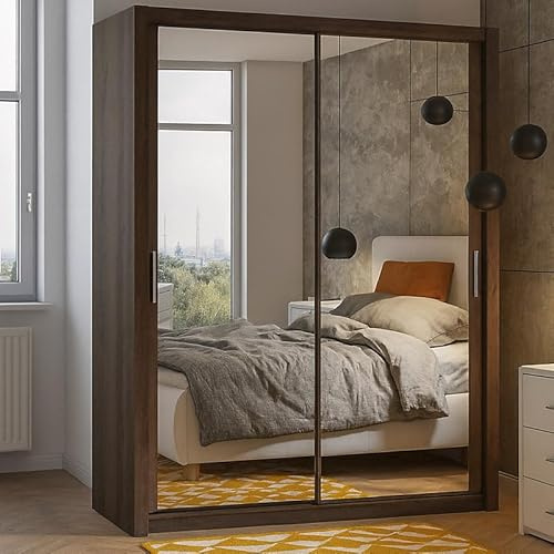 Agritrade AK BONO SZ150 Wardrobe with Sliding Mirror Doors - Modern Bedroom Storage with Hanging Rails & Shelves - 150 cm - Monastery Oak