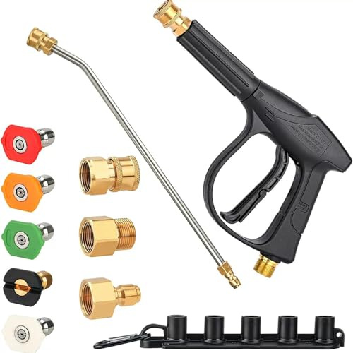 Pistola De Agua A Presión,Pistola Hidrolimpiadora,Lanza Hidrolimpiadora,3000 PSI,con extensión de varita de repuesto,5 puntas de boquilla,Base de la boquilla,para ventanas, coche, hogar