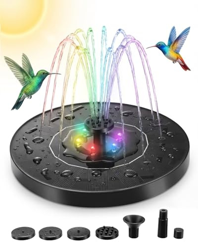 Solar Springbrunnen LED, 2026 Upgrade Solar Schwimmender Fontäne Pumpe mit 7 Düsen, Größere Solarmodule, 18CM Solar Schwimmender Solarbrunnen für Garten, Vogel-Bad