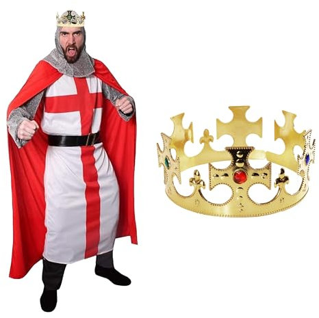 Erwachsenenkostüm König Arthur – St.-Georgskreuz-Tunika + roter Umhang + Kopfbedeckung + Kronen-Football-Outfit, Flagge, Herren, Gruppe, englische Veranstaltung, Größe L