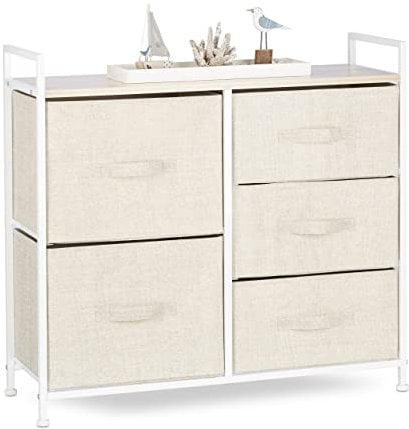 Relaxdays Regalsystem, 5 Stoff-Schubladen, universale Schubladenbox, Metall und Holz, HxBxT: 77,5 x 83 x 29 cm, beige, Design F