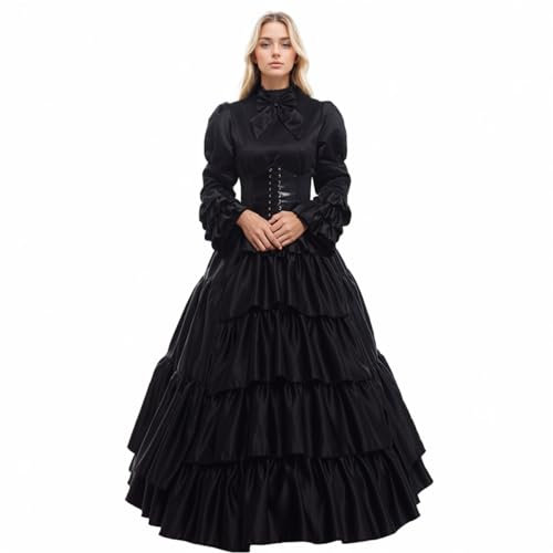 GRACEART Women Medieval Victorian Goth Witch Costume Renaissance Vintage Ruffles Ball Gown with Crinoline and Belt (M, Black)