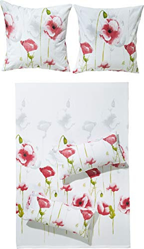 Erwin Müller Bettwäsche-Set Seersucker Mohnblume, Bettbezug, Kissenbezug - temperaturausgleichend, bügelfrei, pflegeleicht, mit Reißverschluss - Größe 135x200 cm (40x80 cm) rot-grün-weiß