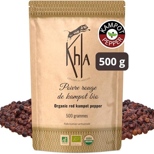 Khla - Poivre Rouge de Kampot Bio 500 g - Sachet Vrac Poivre en Grains - Recharge Moulin - Grand Cru, Doux & Fruité - Ingrédient Cuisine - Direct Producteur - Épice Asie - Origine Cambodge