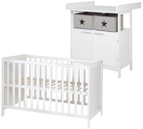 roba Babyzimmer Set 2 teilig - Wickelkommode Hamburg 2-türig mit Wickeltisch abnehmbar + Babybett 60 x 120 cm mit Funktion als Beistellbett - Holz weiß