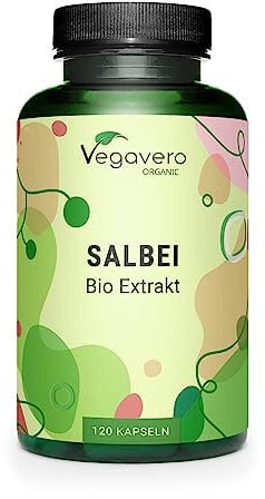 Bio Salbei Kapseln Vegavero® | Mit 1% Rosmarinsäure | 500mg Extrakt pro Einheit | aus Frankreich | Starkes Schwitzen | Hitzewallungen Wechseljahre | 120 Stück | Vegan