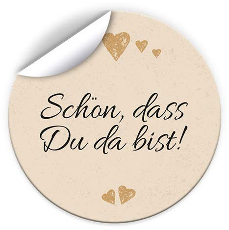 100 Aufkleber SCHÖN, DASS DU DA BIST Etiketten für Gastgeschenke BZW. Mitgebsel bei Hochzeit Taufe Geburtstag Jubiläum (4,5 cm rund)
