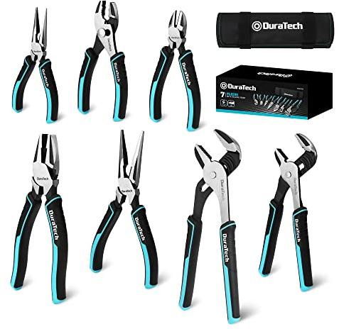 DURATECH 7-Piece Pliers Set with Rolling Pouch, Premium Cr-Ni Construction (10, 8 Groove Joint Pliers, 8, 6 Long Needle Nose, 8 Linesman, 6 Slip Joint, 6 Diagonal) for Basic Repair