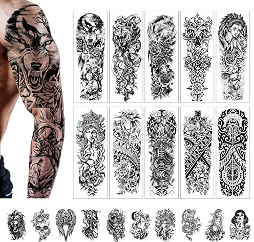 20 Blatt Temporäre Tattoos Männer, CAYUDEN Wasserdicht 10 Blatt Große Voller Arm Fake Tattoos + 10 Blatt Halber Arm Tattoo Aufkleber Temporär Tätowierungen Männer Wasserfest Klebetattoos Wölfen Rose
