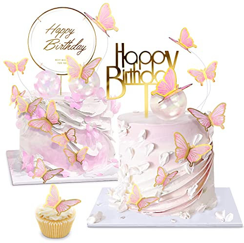 OWill 22-Pieces Pink Butterfly Cake Decorations with Happy Birthday Acrylic Cake Toppers for Baby Shower Wedding Birthday Party Decor (Pink)