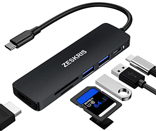 USB C Hub, ZESKRIS MacBook USB C Adapter, 6 In 1 USB C Hub Multiport Adapter with 2 USB 3.0 SD/Micro SD Card Reader 4K HDMI 100W PD for Macbook Air/Pro and Other Type C Devices (6 in 1, Black)
