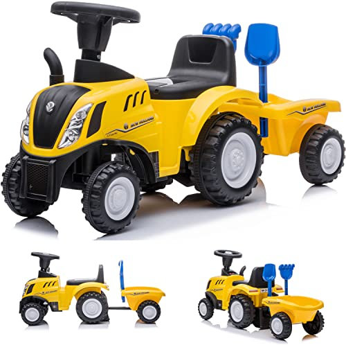 Kinder Rutschauto Rutschfahrzeug New Holland Traktor mit Anhänger Rutscherfahrzeug Kinderauto Kinderfahrzeug Laufhilfe mit Hupe Kunststoff (Gelb)