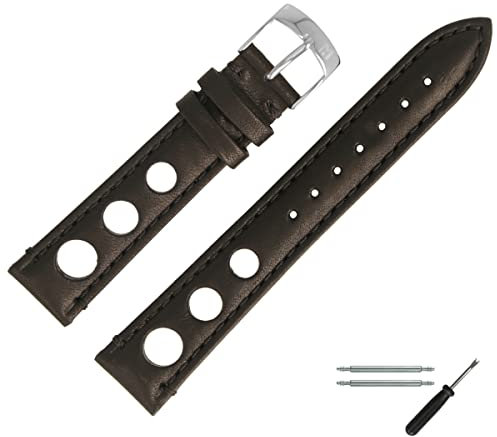 MARBURGER Uhrenarmband 18mm Leder Schwarz Silber Mit Naht - Montage Set 7731810000120