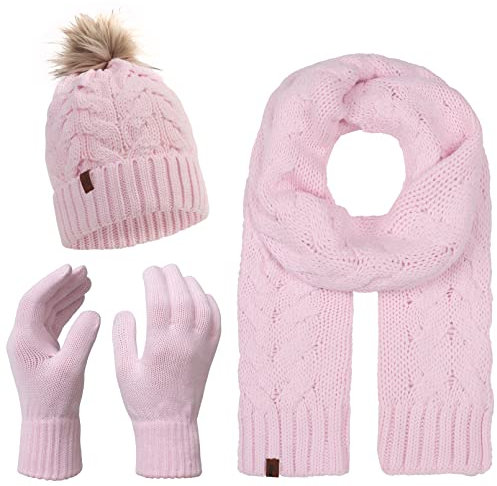 Rock Creek Winter Mütze mit Bommel Schal Set Geschenkset Wintermütze Winterschal Winterhandschuhe Herrenmütze Damenmütze U-101 Rosa Einheitsgröße