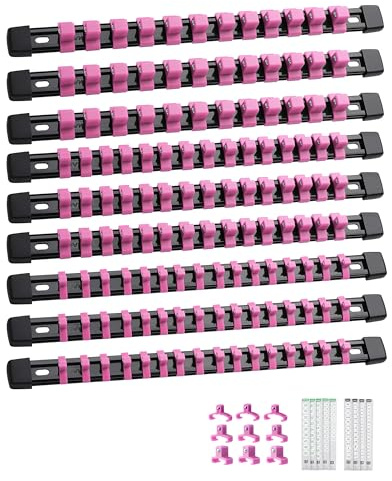 ALOANES 9PC ABS Socket Organizer, Socket Rails Fit 1/2 inch, 3/8 inch and 1/4 inch Drive, Heavy Duty Socket Holders Hold up to 129 Sockets, for Toolbox Drawer and Case(Pink)