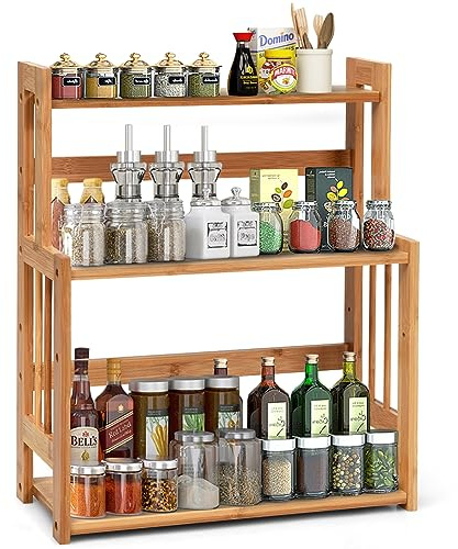 KOMFOTTEU Scaffale per spezie in bambù, porta spezie da cucina con 1 ripiano regolabile, scaffale per cucina, sala da pranzo, camera da letto, ufficio, 41,5 x 18 x 50 cm (lunghezza x larghezza x
