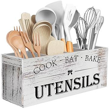 Suli Extra Large Kitchen Utensils Holder with 4 Compartments, Wooden Utensil Organizer for Kitchen Countertop, Farmhouse Kitchen Decor, Rustic Cooking Utensil - White grain