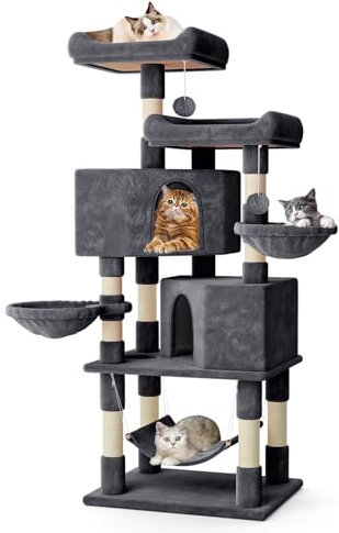 MoNiBloom Cat Tree, 58 Inch Cat Tree Tower with 2 Cat Condo, Cat Tower with Scratching Post, Cat Climbing Tower with 3 Hammock, Cat Tree for Indoor Cats, Somky Grey