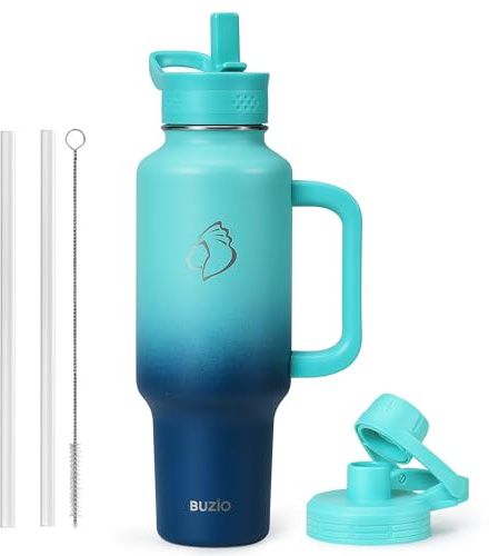 BUZIO Insulated Tumbler with Handle and Straw, Caribbean Blue, 1.2 L