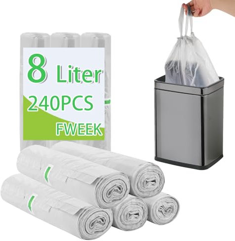 FWEEK 240 bolsas de basura de 8 l, color blanco, pequeñas bolsas de basura con cordón, para cubos de basura de 8 l y 10 litros, 8 rollos