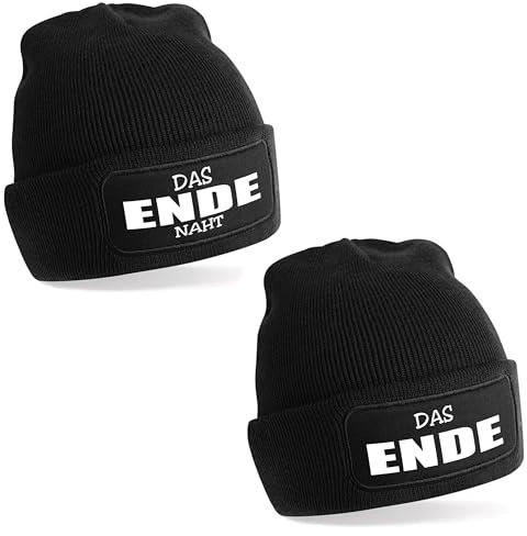 Herzbotschaft 2er Set Beanie Strickmütze mit Spruch | Das Ende naht | schwarz | Unisex SoftTouch angenehm weiche und warme Wintermütze | OneSize Einheitsgröße für Erwachsene