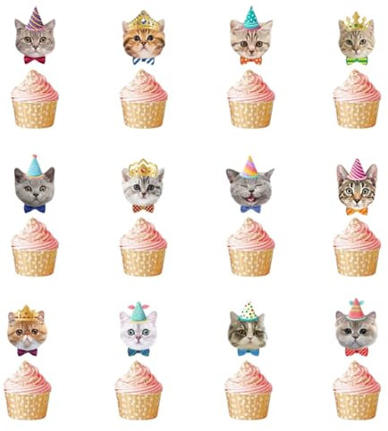Cat Cake Topper- 12 Pcs Cat Face Cake Topper Decorations, Cat Cupcake Topper for Cat Birthday Party Cake Cupcake Decorations, Pet Cat Themed Party Supplies