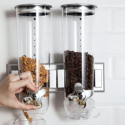 WDRENTOOL Lot de 2 distributeurs de céréales, double distributeur de céréales, 3 l, montage mural, distributeur d'aliments secs, distributeur de cuisine (argenté)