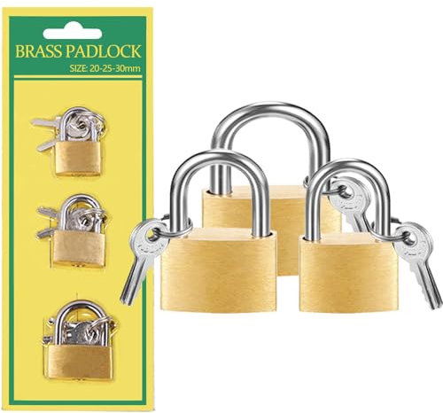 Paquete de 3 candados con llave impermeables de latón macizo, 20 mm + 25 mm + 30 mm, mini candado con llave para maleta, mochila, armario de gimnasio, joyero