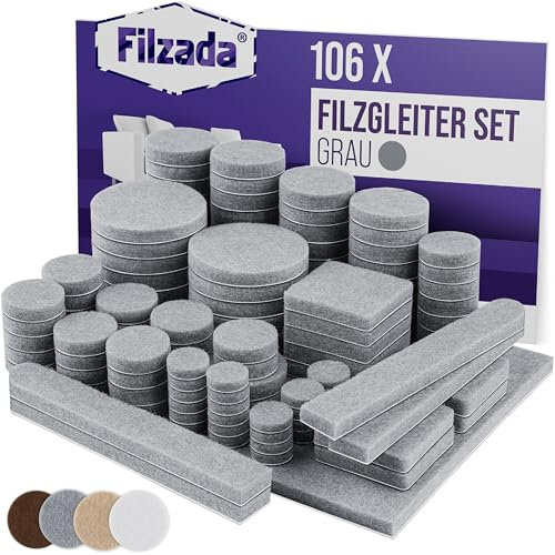 Filzada® Set di 106 feltrini autoadesivi (rettangolari e rotondi) – grigio – feltrini professionali per mobili in feltro con forza adesiva ideale