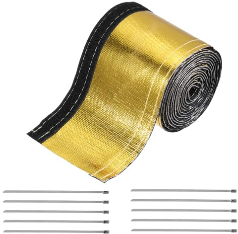 sourcing map Hitzeschutzhülse, aluminisiert, goldfarben, 15 mm Innendurchmesser x 300 cm, 3 m, Hitzeschutz für Schlauchdraht, Hitzeschutz mit Haken und Schlaufe, 10 Stück Edelstahlbinder
