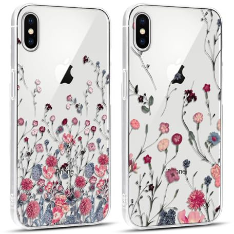 Foonary 2 Stück Transparent Handyhülle für iPhone X/iPhone XS 5,8 Hülle Durchsichtig Aesthetic Blumen Muster Case Mädchen Schutzhülle Weich Silikon TPU Stoßfeste Cover für iPhone XS