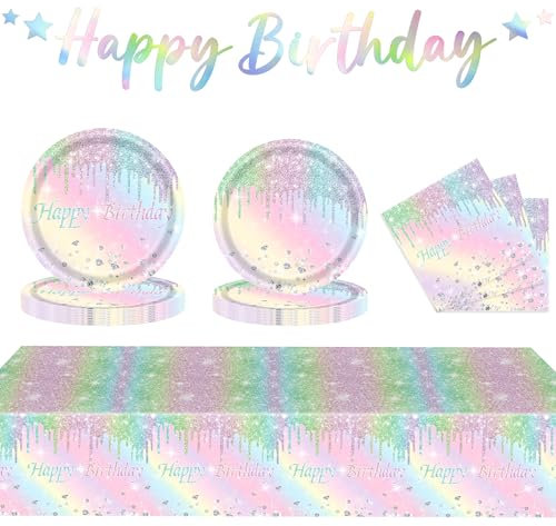 Iridescent Diamond Plate Birthday Party Supplies Decorations, Disposable Holographic Paper Tableware Includes 40 Plates 20 Napkins and 1 Tablecloth for Girls Kids Birthday Theme Party, Serve 20