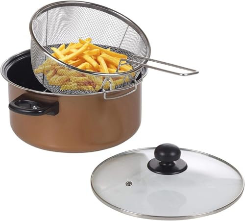 Buystarget 24cm Non Stick Chip Pan 5 Piece Deep Fat Fryer Cooking Pot Set Frying Basket Glass Lid Wire Strainer With Handle Non Stick Carbon Steel 5L Deep Frying Pan 9'' Saucepan (Copper)
