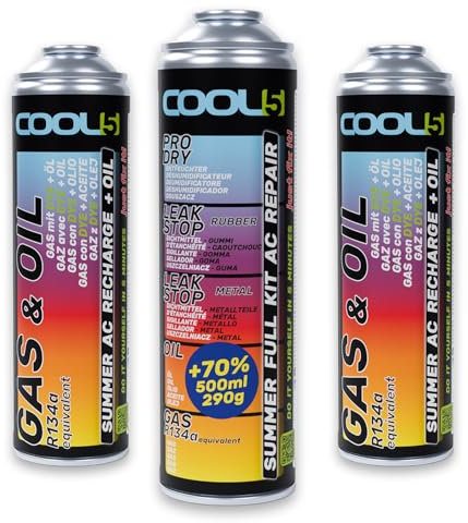 Cool5 Summer Full KIT AC 5 en 1 Kit de réparation de climatiseur (gaz de rechange R134a) 290g 2 pièces de rechange pour gaz réfrigérants avec huile (R134a & R12) - pour voiture 1995-2016 290g