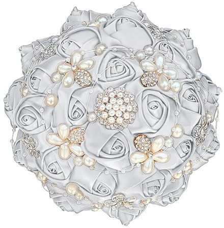 HDKAH Brautstrauß, Brautstrauß, Brautjungfernstrauß, Quinceanera, Brautstrauß, künstliche Blumen mit Diamanten, 18 cm (Silber)